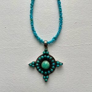 Turquoise & Silver Pendant on Turquoise Beaded Necklace